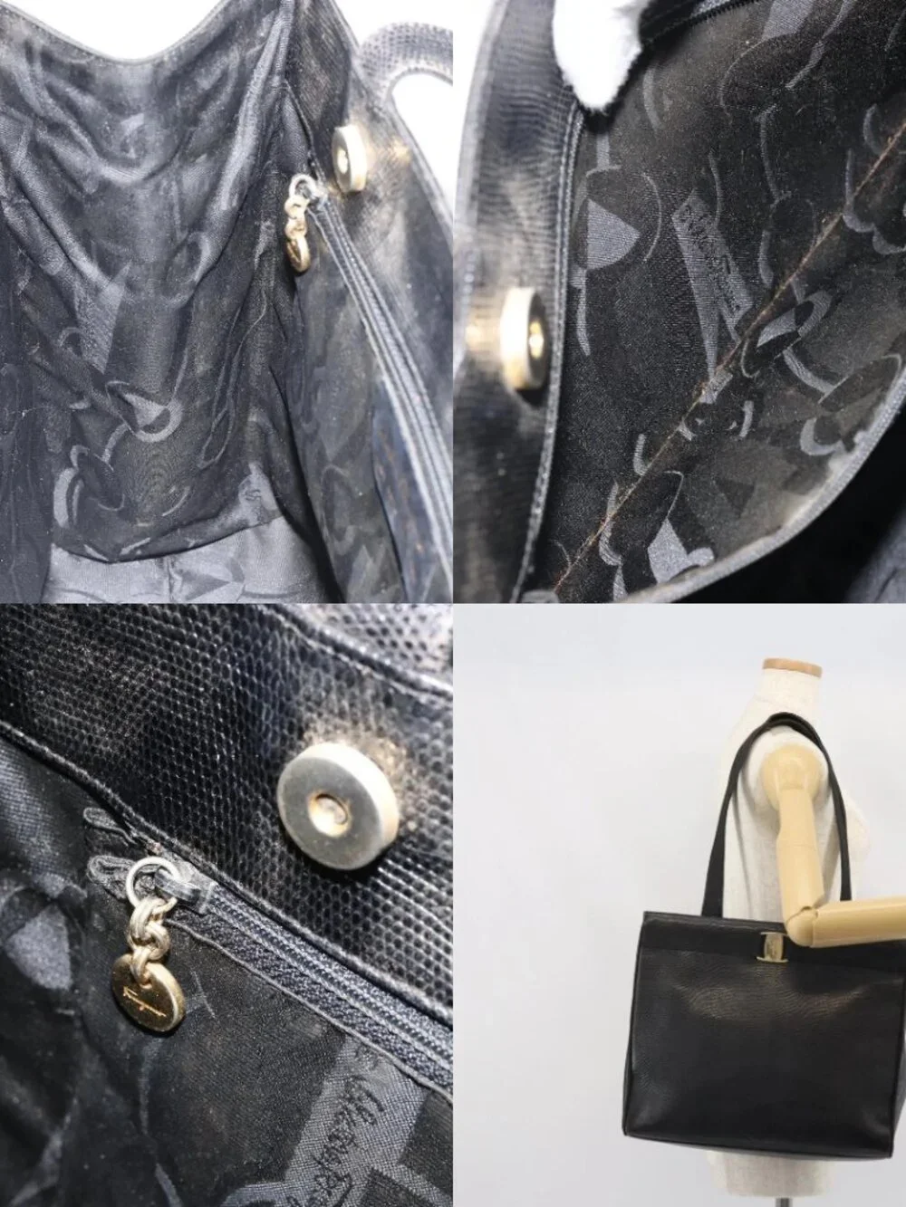 Salvatore Ferragamo Tote Bag Leather Black Gold Auth SW1922